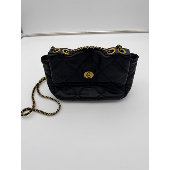 Handbags - Quilted Black Leather Shoulder Bag Gold Chain Link Turn Lock Crossbody